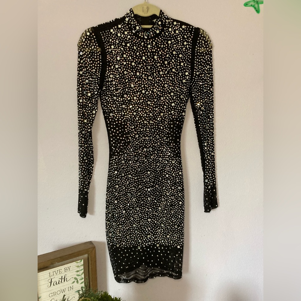 On A Pedestal Rhinestone Mini Dress Black